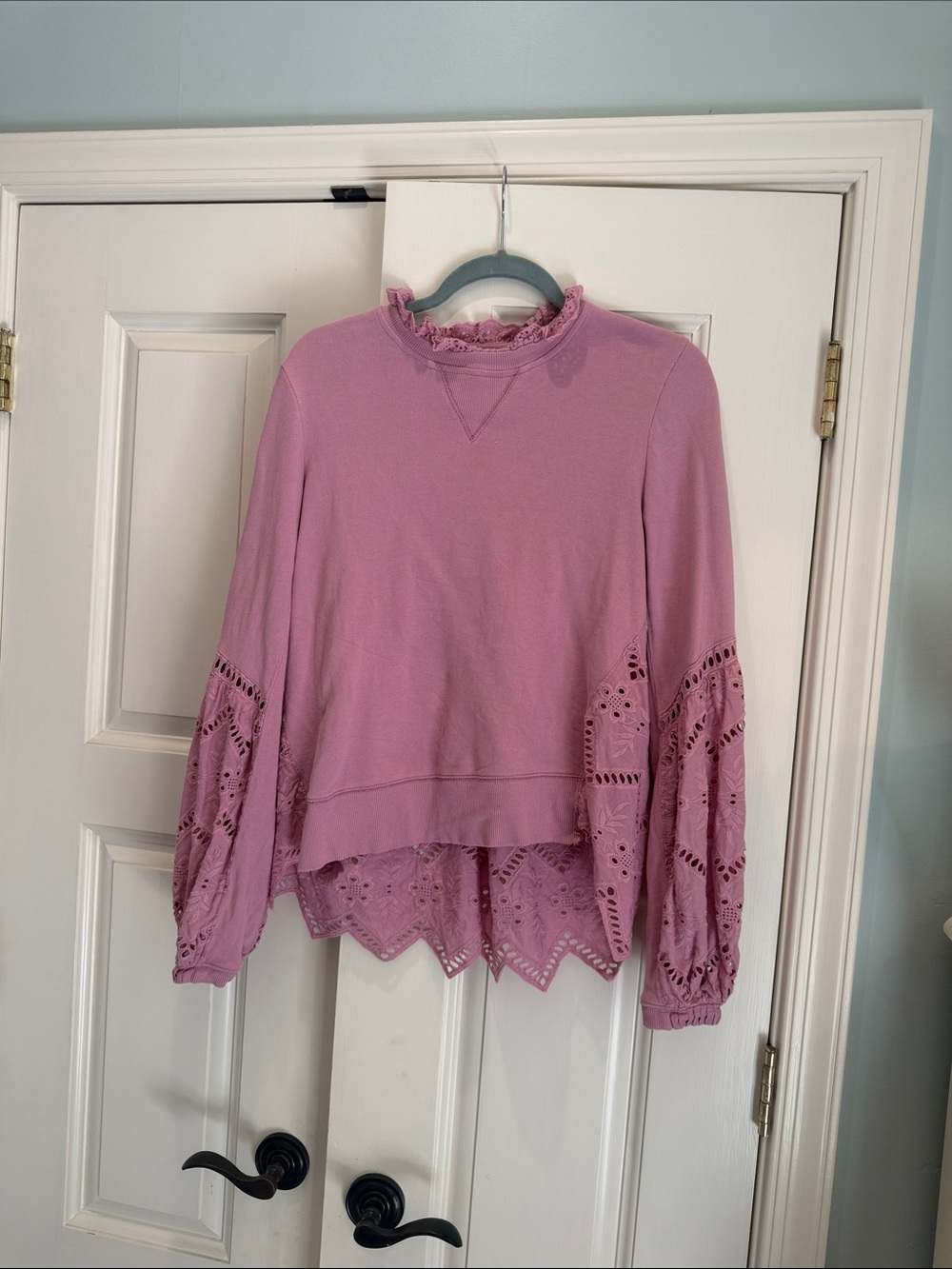 Ruffled Eyelet-Trim Pink Pullover Sweatshirt